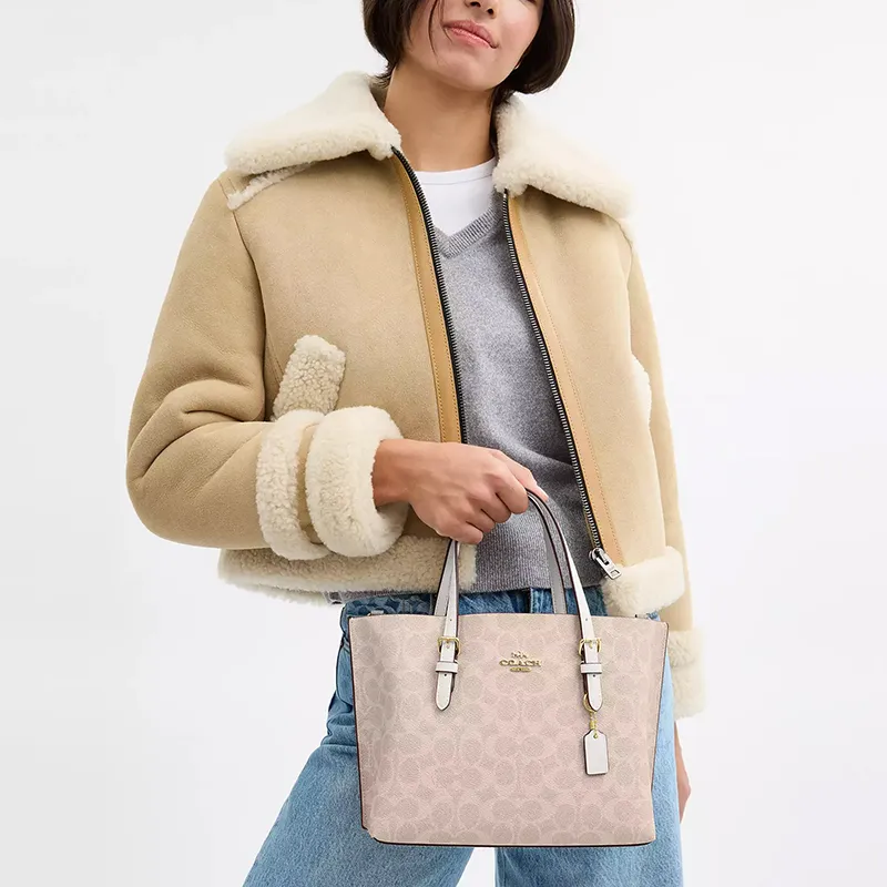 COACH Mollie Coated Canvas Tote Bag Shopping Bag Shoulder Bag Crossbody Bag Handbag Medium Size Women's Sand & Chalk-3
