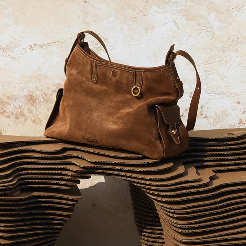 Songmont Suede Hobo Bag, Crossbody Bag, Shoulder Bag Medium Size Unisex Sandalwood Brown-4