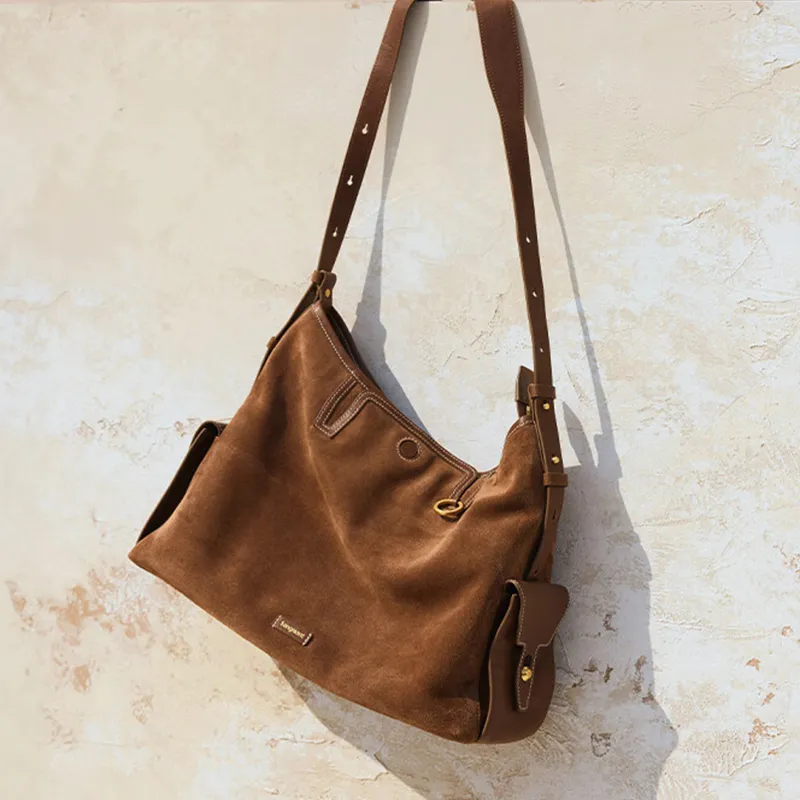 Songmont Suede Hobo Bag, Crossbody Bag, Shoulder Bag Medium Size Unisex Sandalwood Brown-3