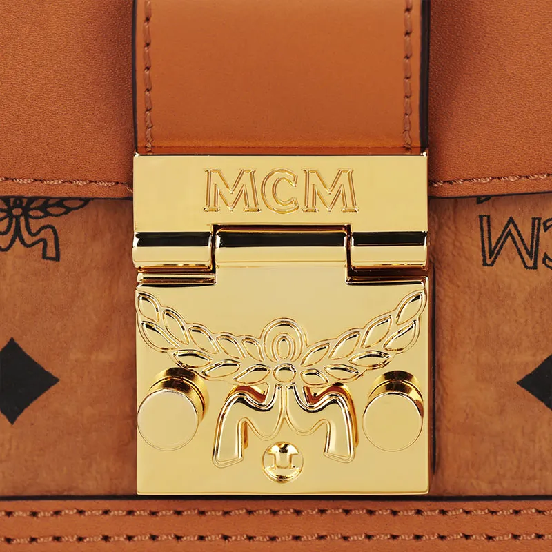 MCM Aren Visetos Cow Leather Patchwork Box Bag, Shoulder Bag, Crossbody Bag Mini Women's Brown Cognac-4