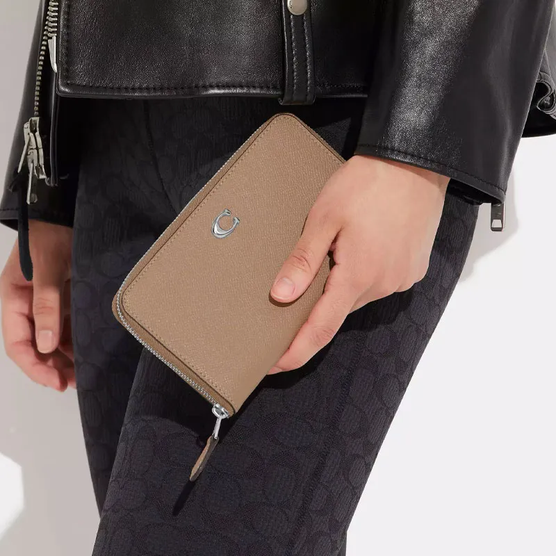 COACH Zip Around Cow Leather Wallet Medium Size Women's Taupe-2