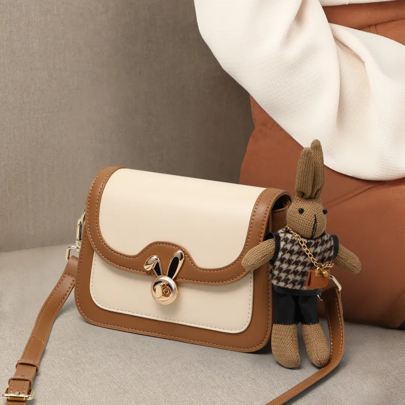 C°BANNER Cow Leather With Synthetic Leather One Shoulder Crossbody Small Square Bag Regular Women's White & Khaki-1