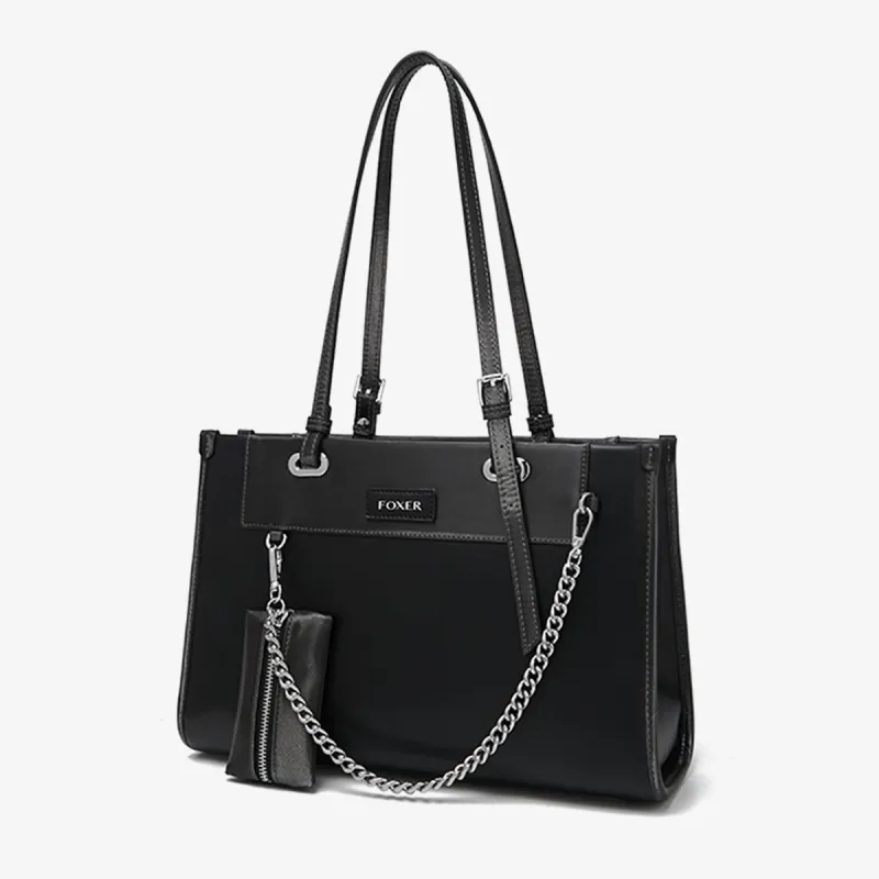 FOXER Cow Leather Zippered Tote Bag Shoulder Bag Regular Women's Black-1