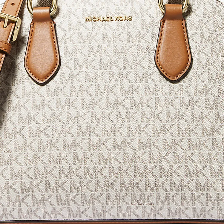 MICHAEL KORS Veronica Canvas Dome Bag, Shoulder Bag, Crossbody Bag, Handbag Medium Size Women's Vanilla White & Brown-3