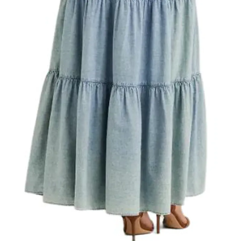 Polo Ralph Lauren Chambray Tiered Maxidress Short-Sleeved Dresses Women's Blue-4