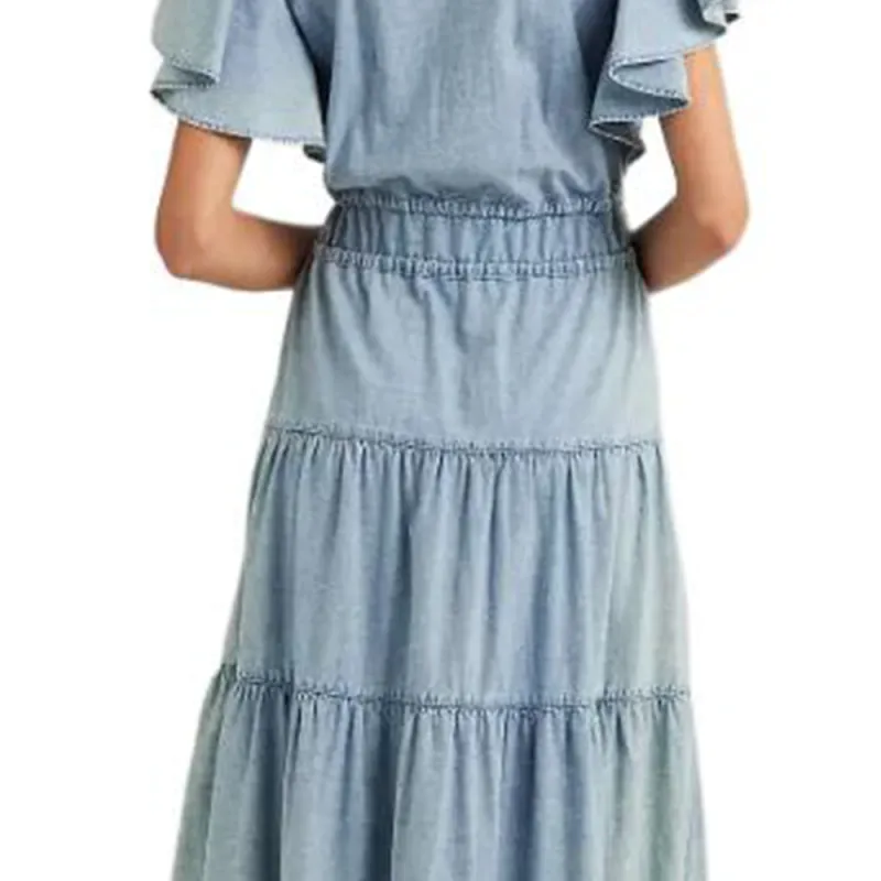 Polo Ralph Lauren Chambray Tiered Maxidress Short-Sleeved Dresses Women's Blue-3
