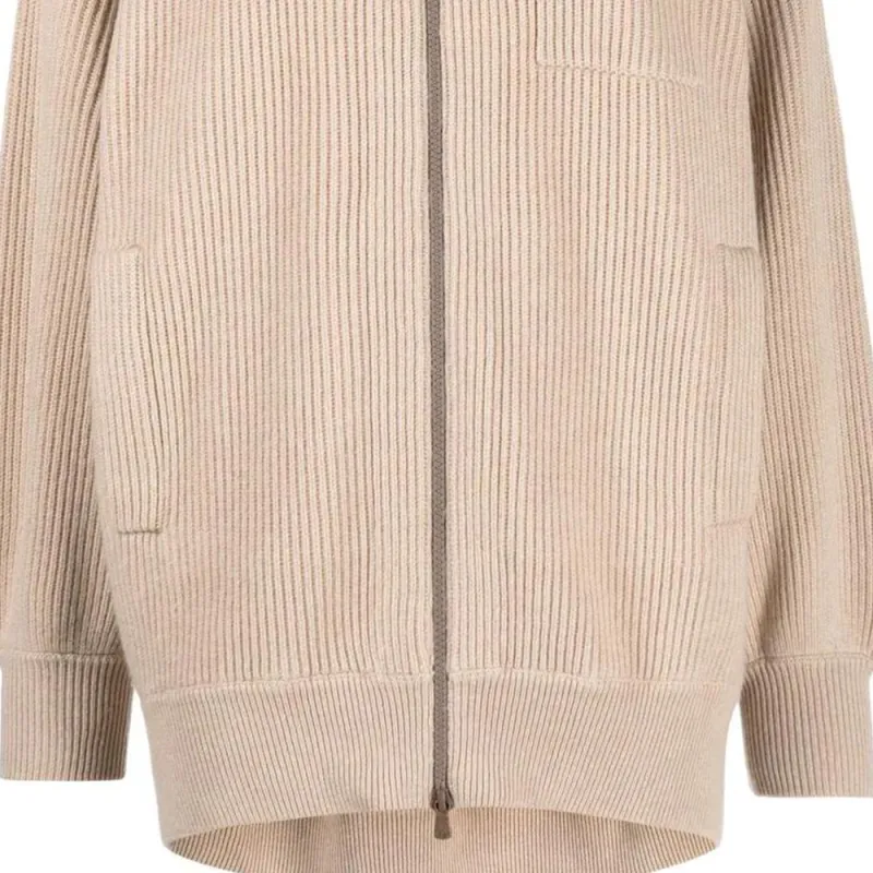 Brunello Cucinelli Drawstring Zipped Ribbed Detailed Hoodie-5