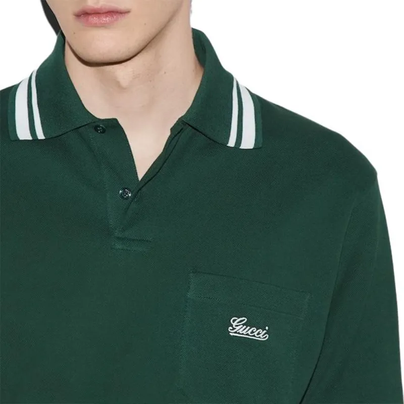 GUCCI Stripe Trim Logo Embroidered Polo Shirt-4