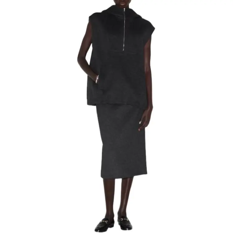 GUCCI Embroidered Wool Silk Hooded Gilet Vest Women's Dark Gray-1