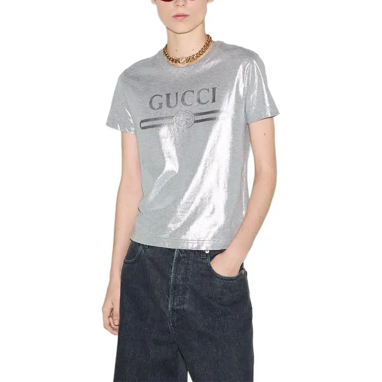 GUCCI Logo Printed Metallic T Shirt-1