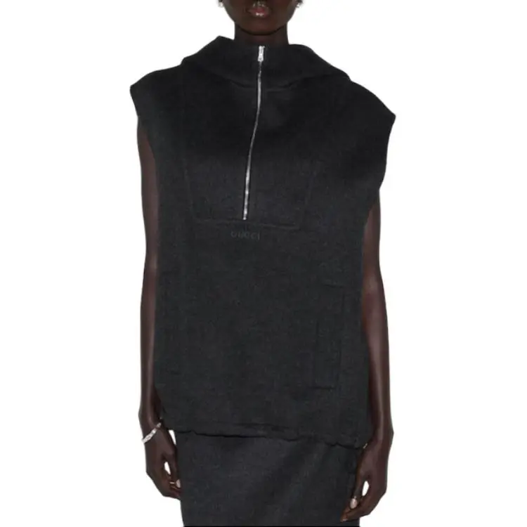 GUCCI Embroidered Wool Silk Hooded Gilet Vest Women's Dark Gray-2