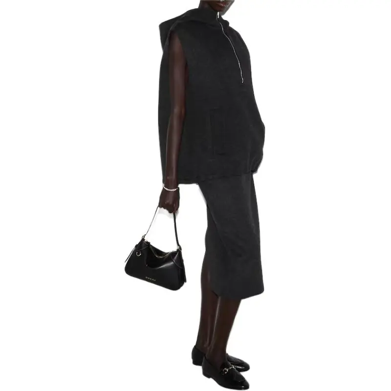 GUCCI Embroidered Wool Silk Hooded Gilet Vest Women's Dark Gray-4