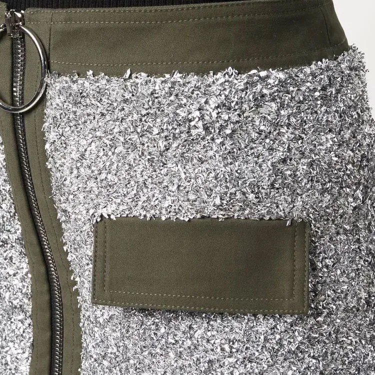 BALMAIN Short Low Rise Tweed And Canvas Skirt 'Silver/Military Green'-4