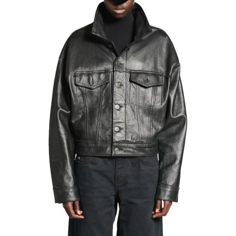 Balenciaga Leather Jacket Loose Fit Women's Black-2