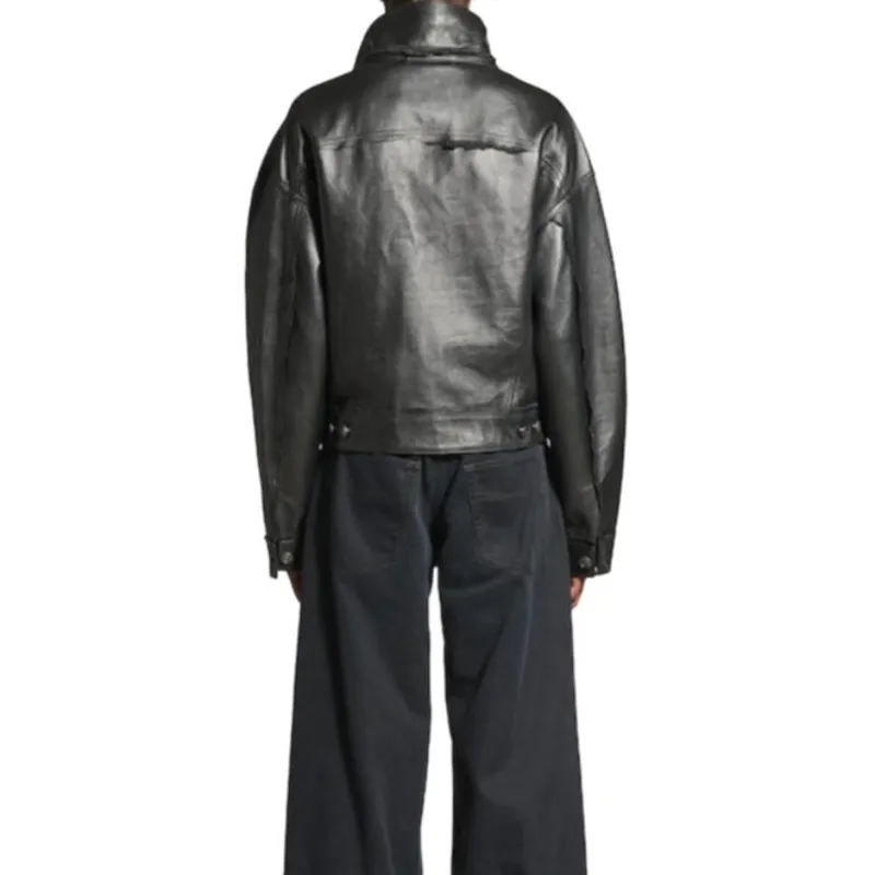 Balenciaga Leather Jacket Loose Fit Women's Black-3