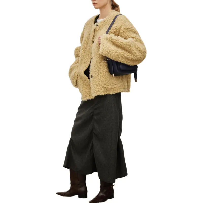 ETHOS CURLY SHEARING JACKET Velvet-feel Coat Women's Light Brown-2