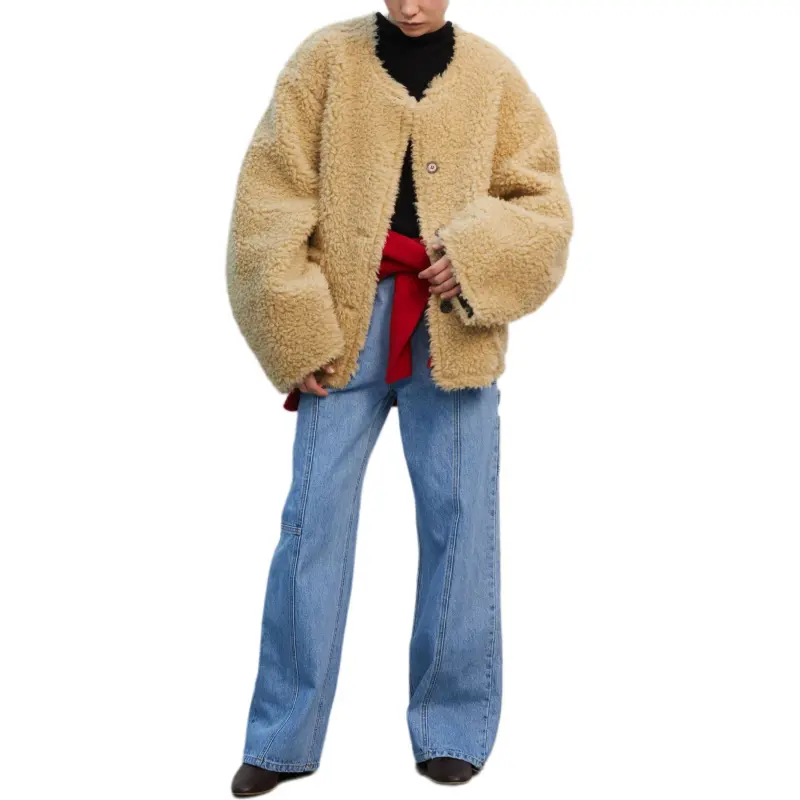 ETHOS CURLY SHEARING JACKET Velvet-feel Coat Women's Light Brown-4