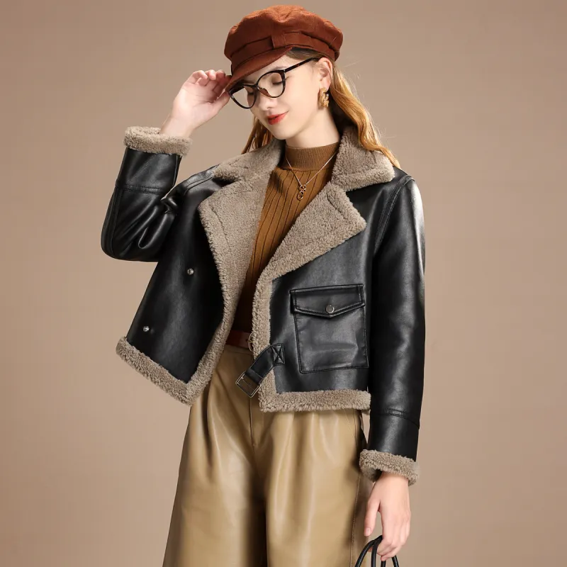 FENHONGMALI Jackets Coats Women's Tea Brown/Black-1
