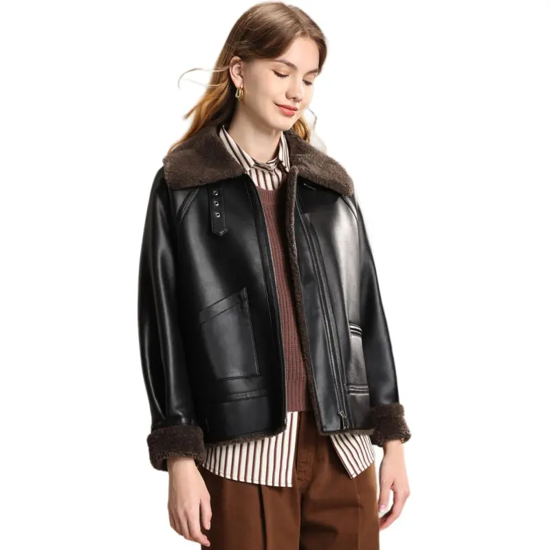 FENHONGMALI Jackets & Coats Women's Cocoa Brown/Black-2