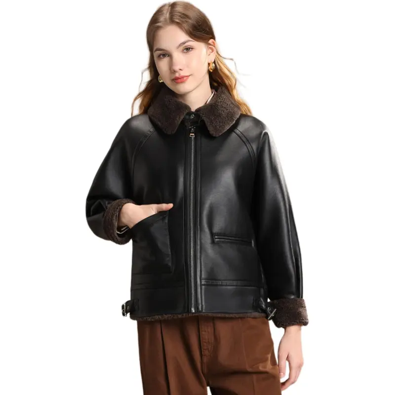 FENHONGMALI Jackets & Coats Women's Cocoa Brown/Black-3