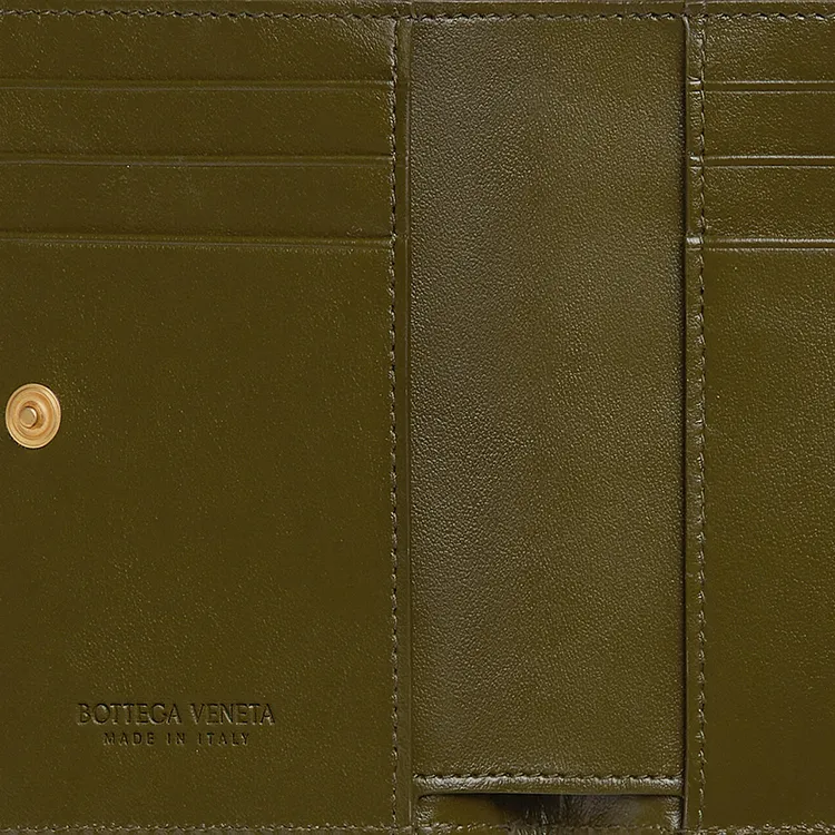 Bottega Veneta Intrecciato Calfskin Combined With Lambskin Wallet Small Size Women's Olive Green-4