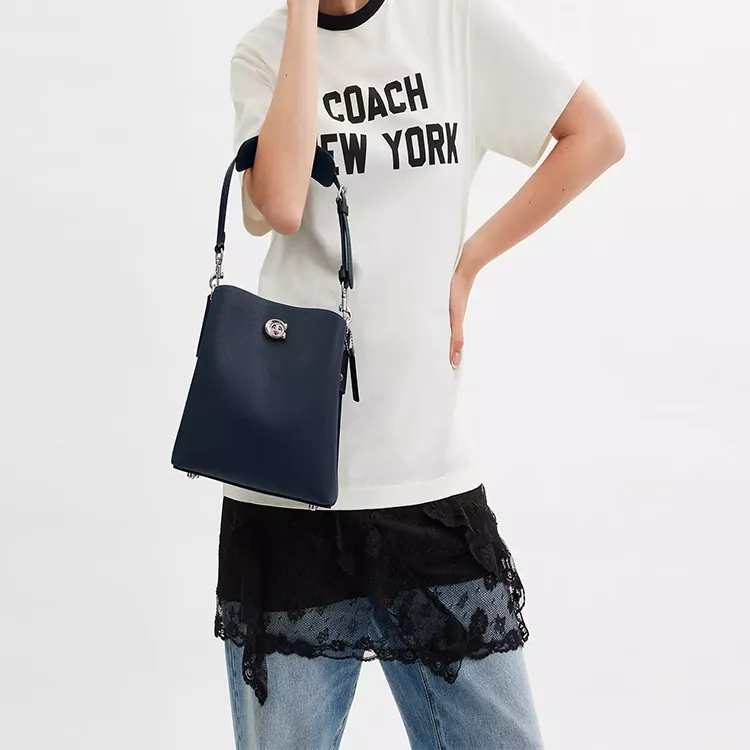 COACH Willow Polished Pebbled Leather Bucket Bag, Portable Crossbody Bag, Shoulder Bag Trumpets Women's Marine Blue-4