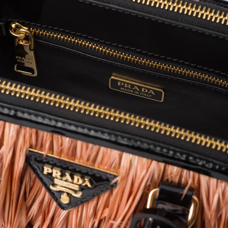 PRADA Leather With Feather Trim Shoulder Bag Crossbody Bag Handbag Mini Women's Apricot & Black-4