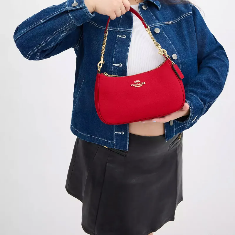COACH Teri Litchi Grain Leather Crossbody Handbag, Shoulder Bag Medium Size Women's Red-4