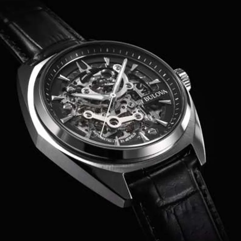 BULOVA Wrist Watch Automatic Mechanical Movement Cow Leather Strap 41mm Cut Out Dial Men's Watches-3