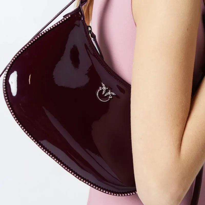 PINKO Half Moon Series Polyester Crescent Bag Handbag Shoulder Bag Small Size Women's Ox Blood Color-5