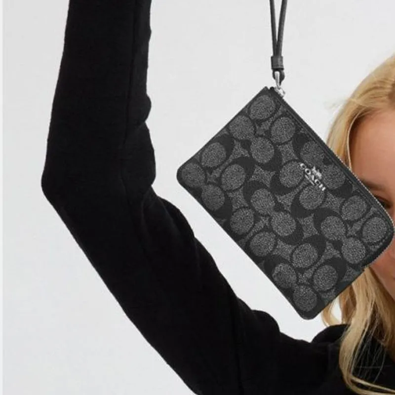 COACH Artificial Leather Wrist Bags Clutches Small Size Women's Black Gray Color-3