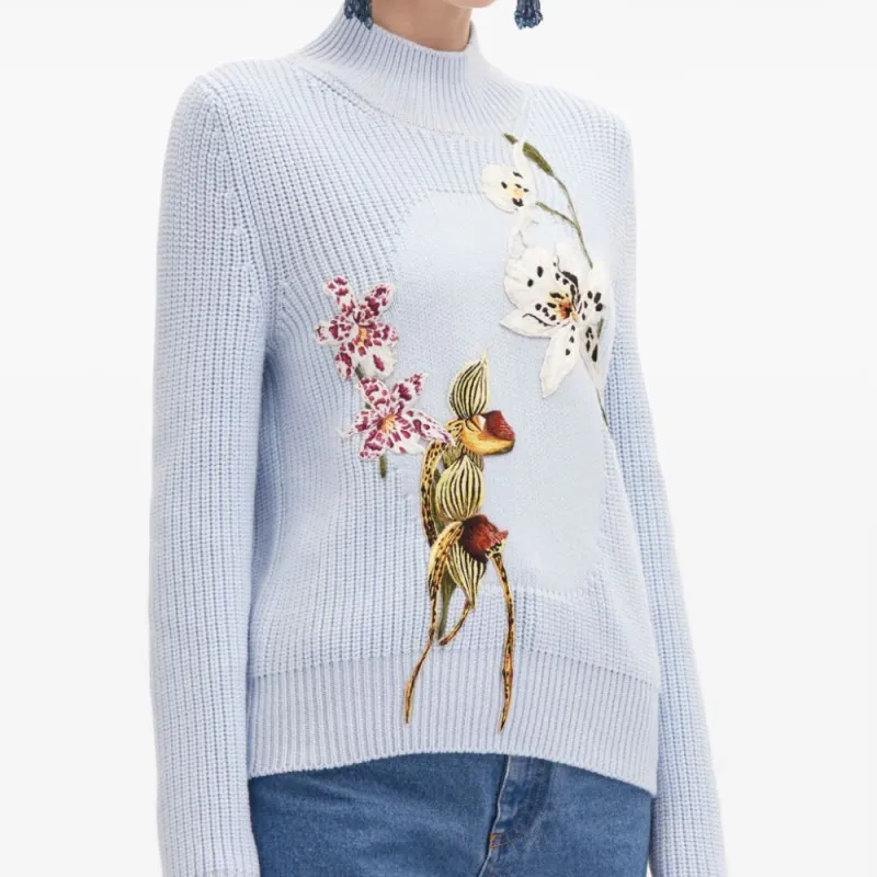 Oscar De La Renta Orchid Embroidered Portrait Sweater-3