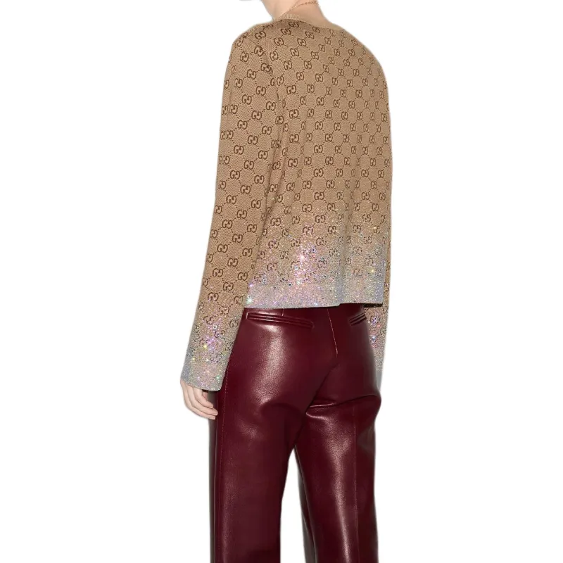 GUCCI Crystals Embroidered Wool Gg Jacquard Cardigan Beige/Dark Brown-2