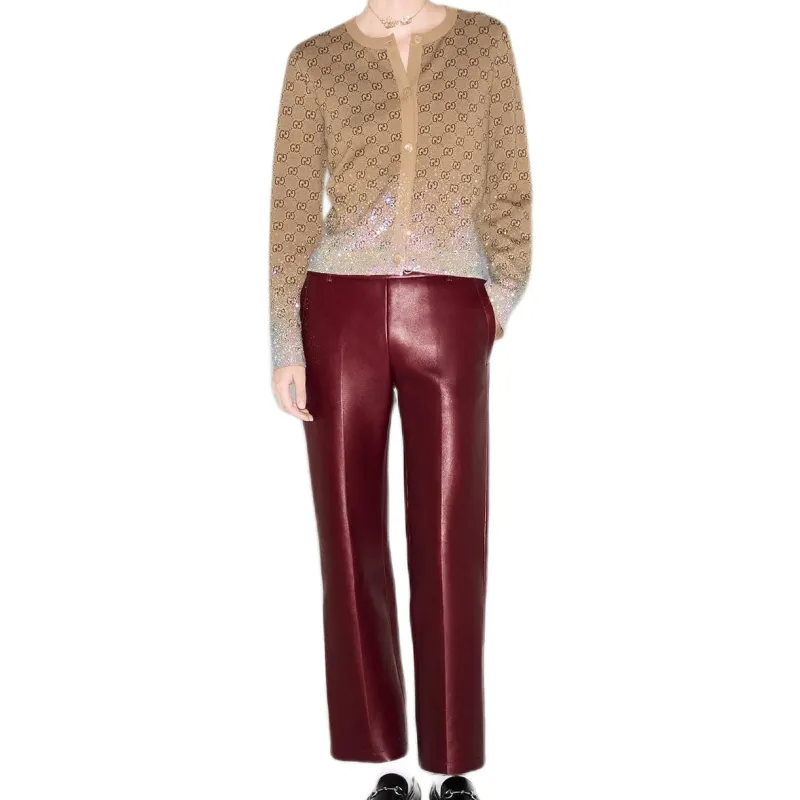 GUCCI Crystals Embroidered Wool Gg Jacquard Cardigan Beige/Dark Brown-3