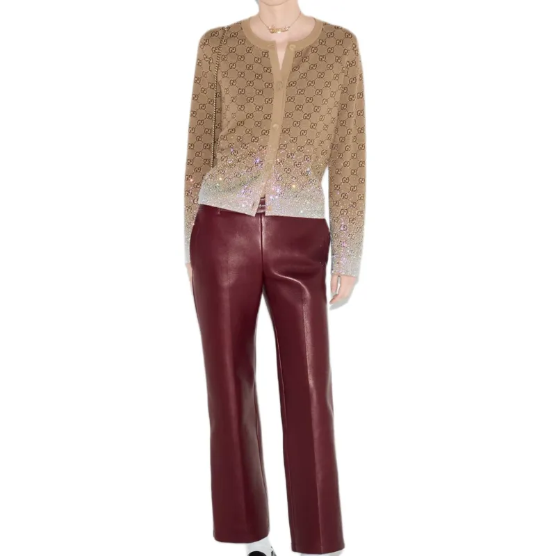 GUCCI Crystals Embroidered Wool Gg Jacquard Cardigan Beige/Dark Brown-4