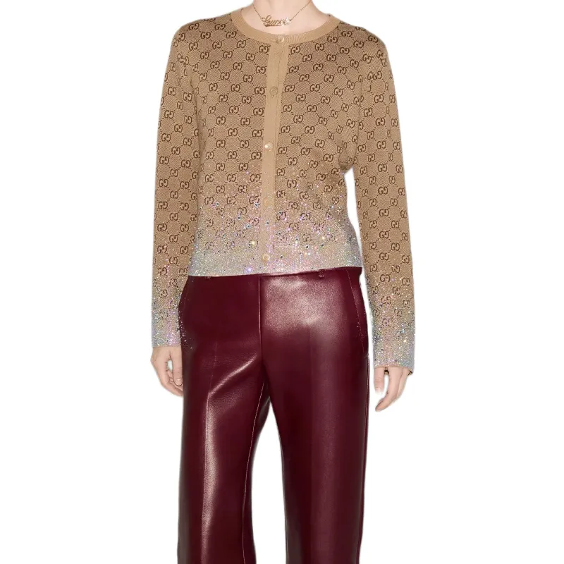 GUCCI Crystals Embroidered Wool Gg Jacquard Cardigan Beige/Dark Brown-1