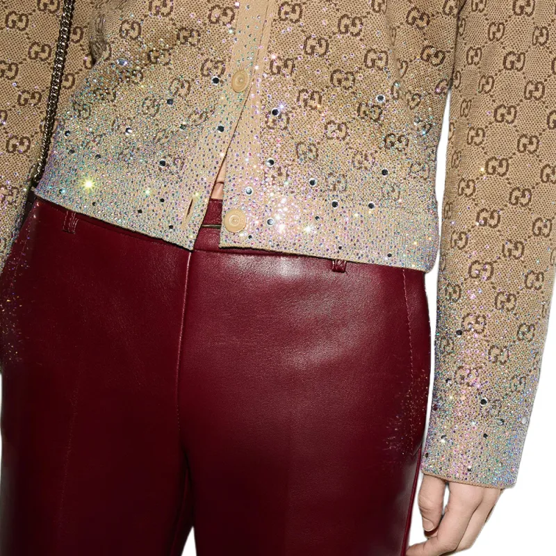 GUCCI Crystals Embroidered Wool Gg Jacquard Cardigan Beige/Dark Brown-6