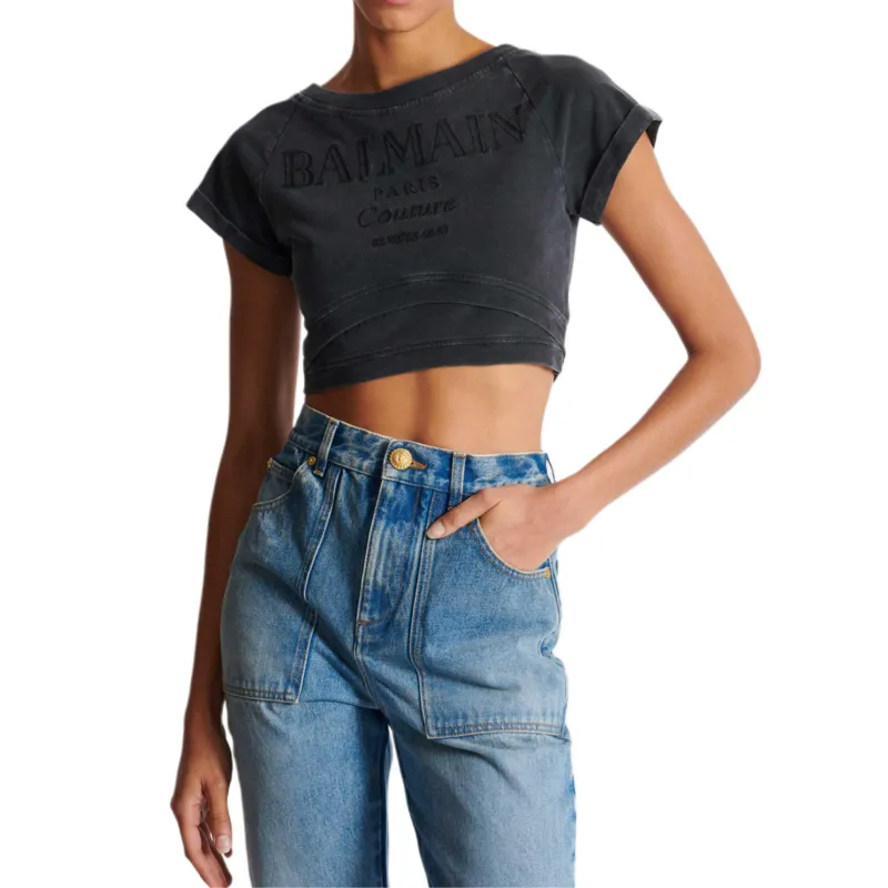 BALMAIN Logo Embroidered Cropped T Shirt-4