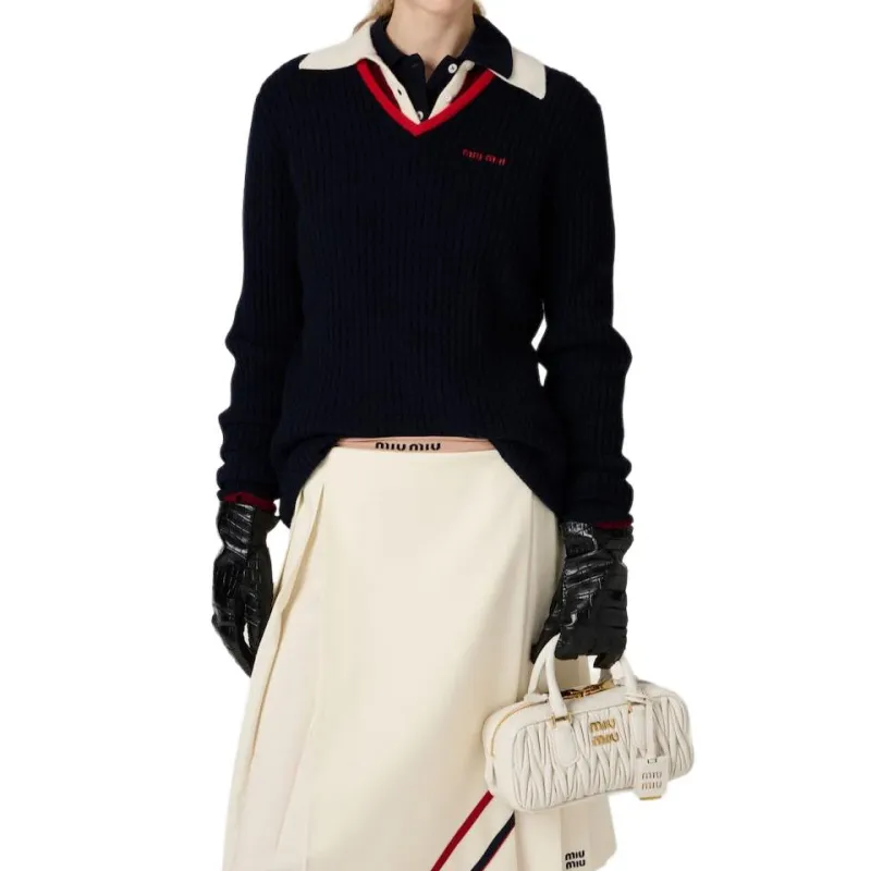 MIU MIU Logo Embroidered V Neck Jumper-1
