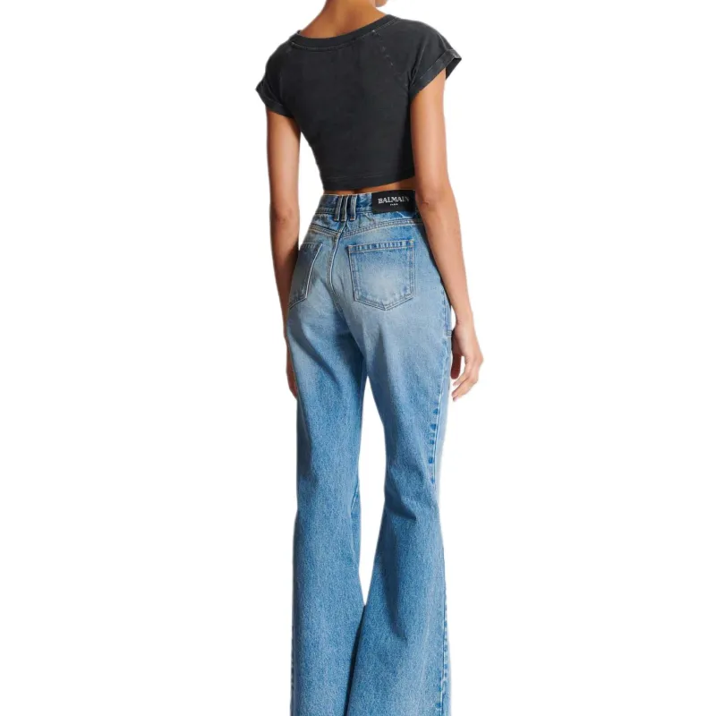 BALMAIN Logo Embroidered Cropped T Shirt-2