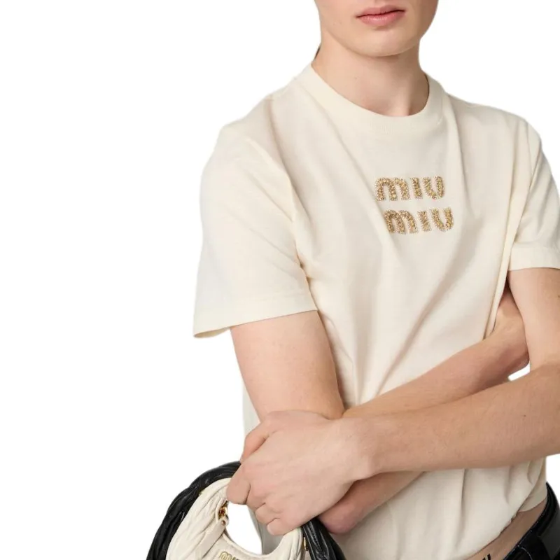 MIU MIU Logo Embellished Crewneck T Shirt-4