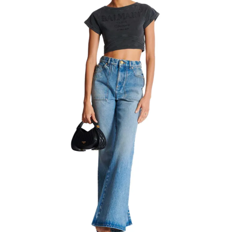 BALMAIN Logo Embroidered Cropped T Shirt-5