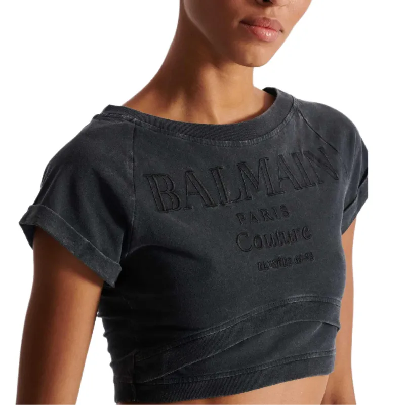 BALMAIN Logo Embroidered Cropped T Shirt-6