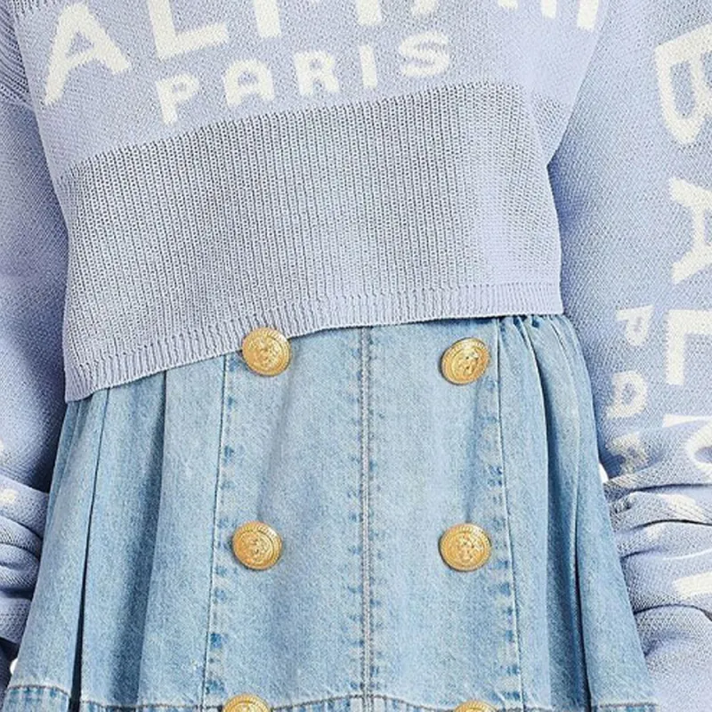 BALMAIN Off Shoulder Knit Crop Top 'Bleu Pale/Blanc'-3