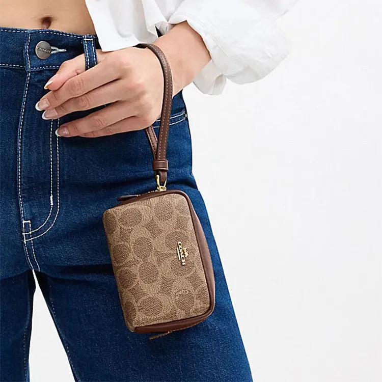COACH Artificial Leather With Recycled Leather Wrist Bag Clutch Regular Women's Brown & Yellow & Brown-3