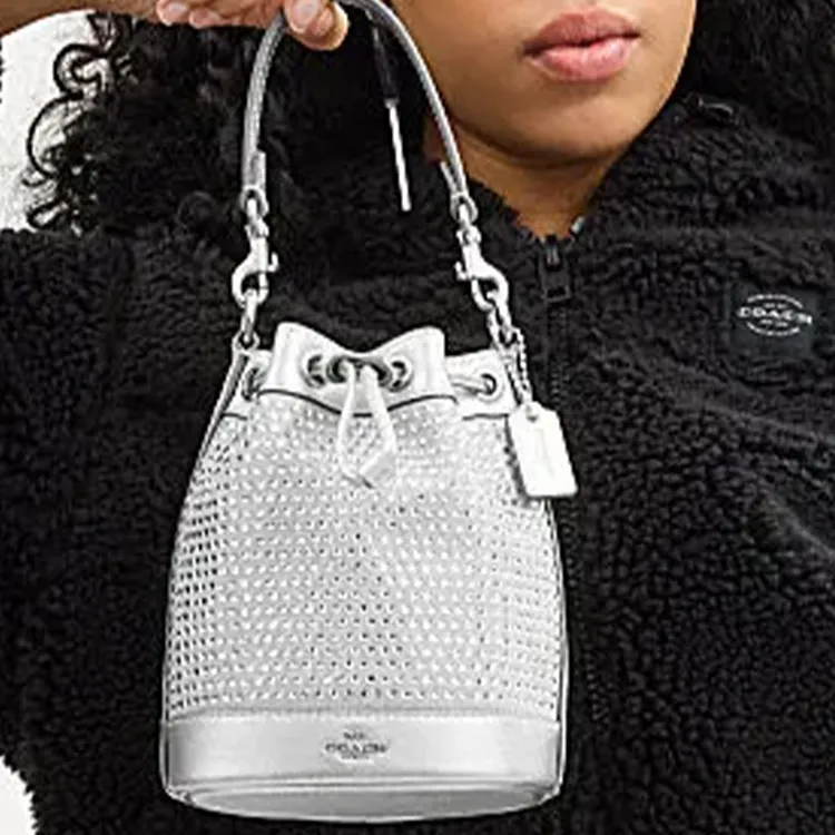 COACH Fabric With Cow Leather Bucket Bag, Portable Crossbody Bag, Shoulder Bag Mini Women's Silver-4