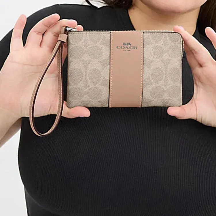 COACH Corner Zip Artificial Leather Bonded Cow Split Leather Wrist Bags Clutches Small Size Women's Taupe-2