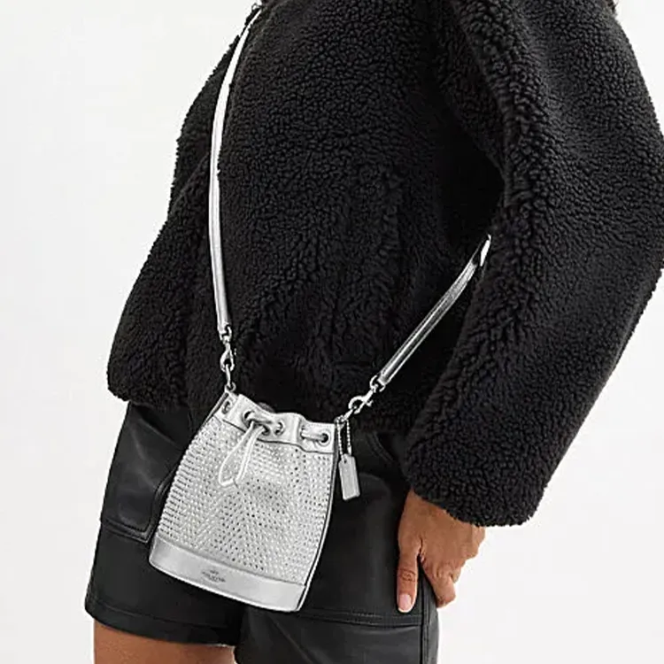 COACH Fabric With Cow Leather Bucket Bag, Portable Crossbody Bag, Shoulder Bag Mini Women's Silver-3