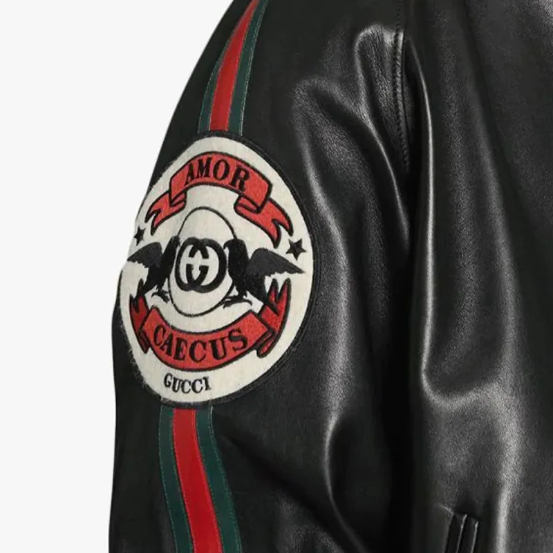 GUCCI Leather Bomber Jacket With Patch-4