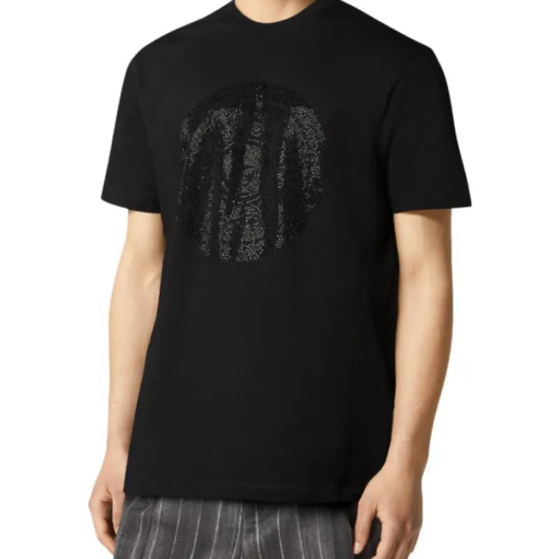 VERSACE Solid Color Logo Crystal Decoration Short-Sleeved T-Shirt Men's Black-1